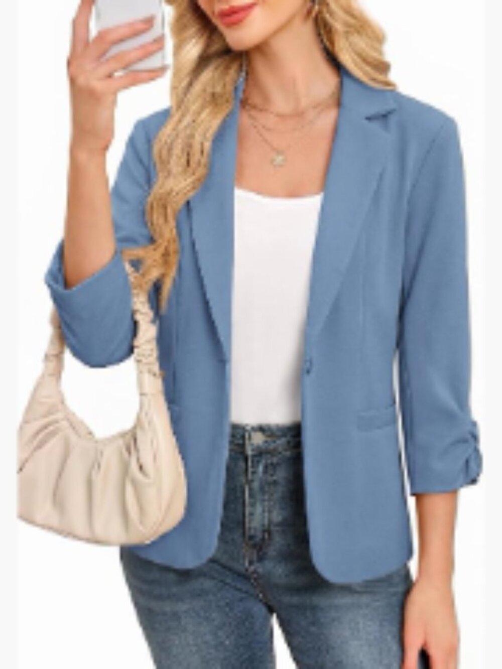 Women's Ruched 3/4 Sleeve Blazer Lightweight Slim Fit Fully Lined